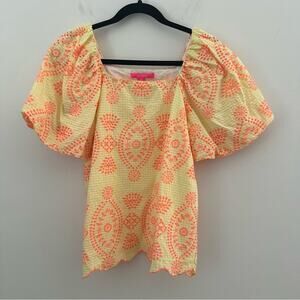 Lilly Pulitzer Orange Puff Sleeve Ruffled Blouse Small EUC